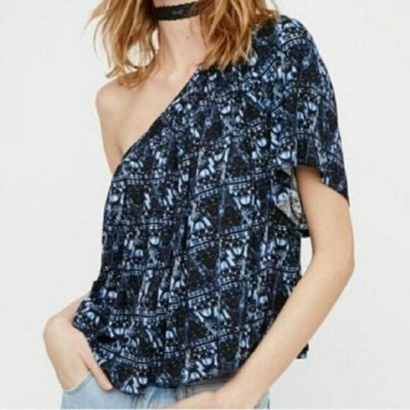 Free People Top S One Shoulder Ocean Avenue Swing CropTop Tee Ikat Geo Blue - Picture 10 of 11